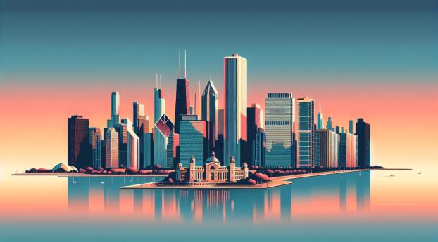 Chicago Skyline Sunset HD Digital Wallpaper 5120x2880 Resolution
