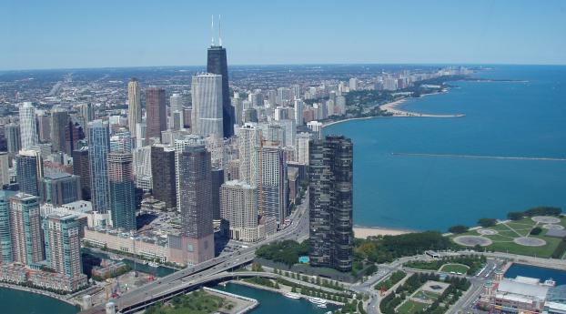 chicago, skyscrapers, grass Wallpaper 2932x2932 Resolution