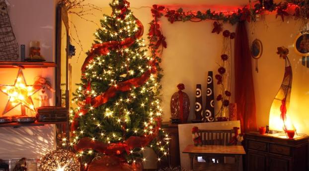 christmas tree, garland, holiday Wallpaper