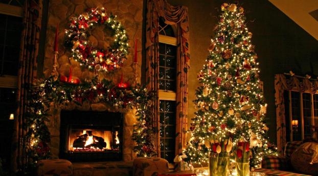 christmas tree, ornaments, fireplace Wallpaper 1420x1020 Resolution