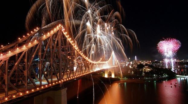 city, bridge, fireworks Wallpaper 1080x2280 Resolution