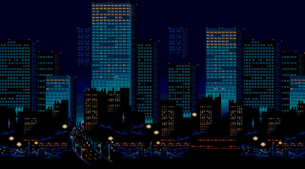 City Buildings Lights 8 Bit Wallpaper 2048x2048 Resolution