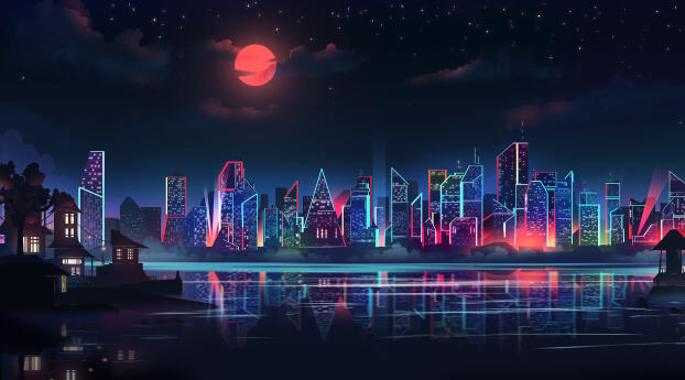 City HD Cybercity Neon 2023 Illustration Wallpaper 1080x2232 Resolution