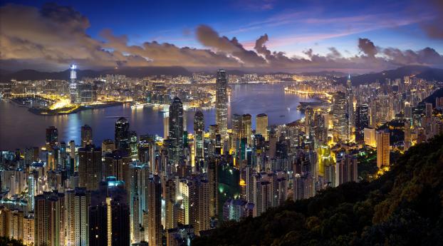 city, hong kong, night Wallpaper 3440x768 Resolution