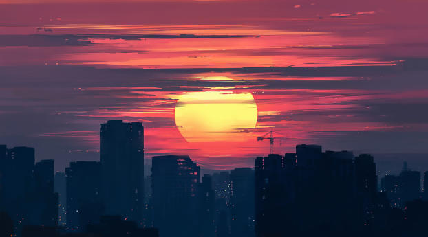 Cityscape Artwork In Sunset Wallpaper 1920x1080 Resolution