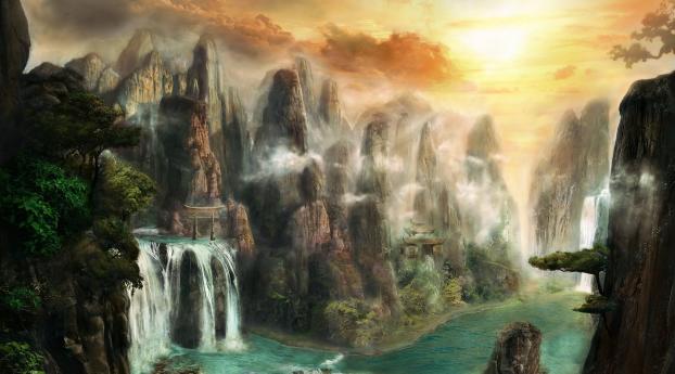 cliffs, waterfalls, mist Wallpaper 480x800 Resolution