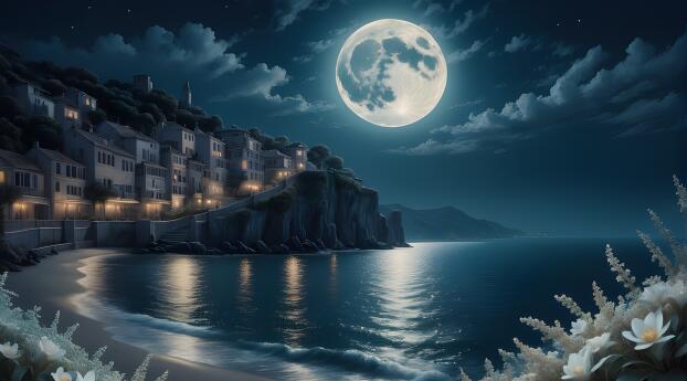 Coastside Landscape HD Moon Night Wallpaper 2920x2080 Resolution
