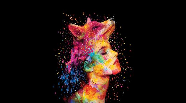 Colorful Closed Eyes Wolf Head Women Face Wallpaper 1080x2280 Resolution