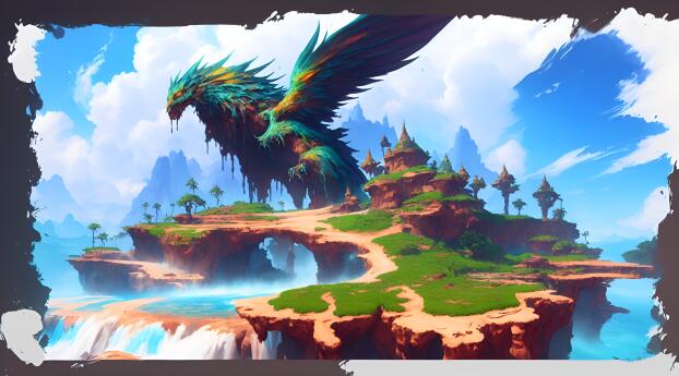 Colorful Dragon Fantasy Castle AI Art Wallpaper 1440x3160 Resolution