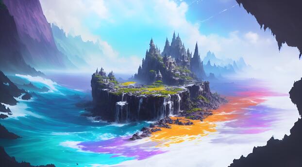 Colorful Fantasy Castle AI Art Wallpaper 5120x1440 Resolution