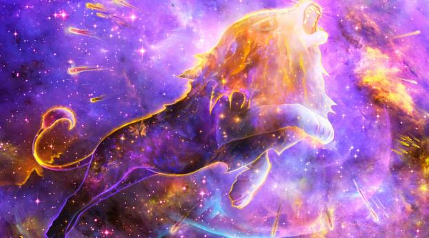 Colorful Lion Spirit In Space Nebula Wallpaper 2560x1080 Resolution
