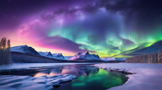 Colorful Northern Lights HD Snow Mountains Wallpaper