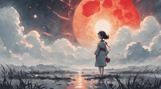 Cool 4K Alone Girl and Red Moon Wallpaper