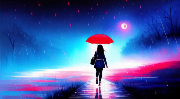Cool Girl with Red Umbrella Adventure Art Wallpaper