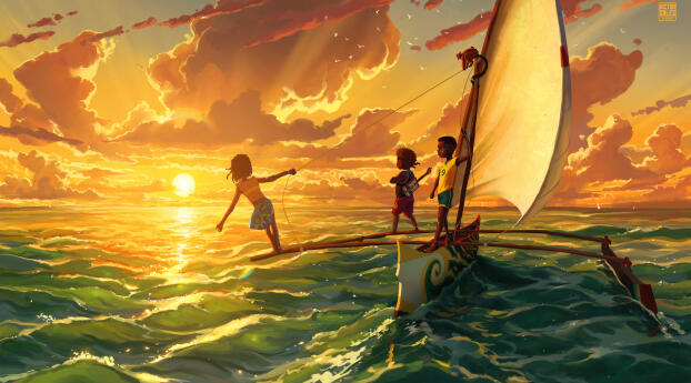 Cool Kids on Boat Art Wallpaper 1080x2232 Resolution