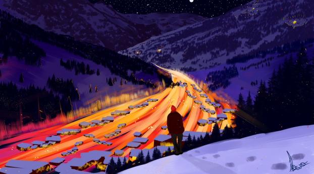 Cool Mountain Fantasy Art Wallpaper 1400x400 Resolution