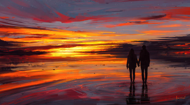Couple at Sunset Illustration Wallpaper 1440x3040 Resolution