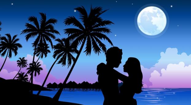couple, beach, palm trees Wallpaper 2560x1440 Resolution