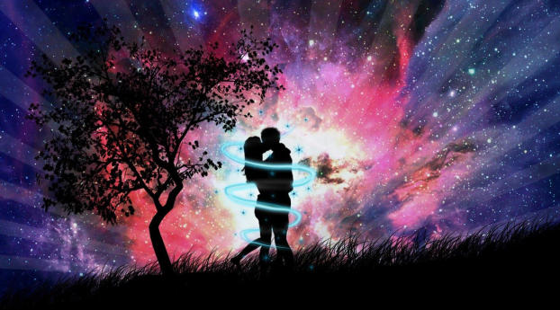 Couple Near Tree With Glittering Background Wallpaper 360x400 Resolution