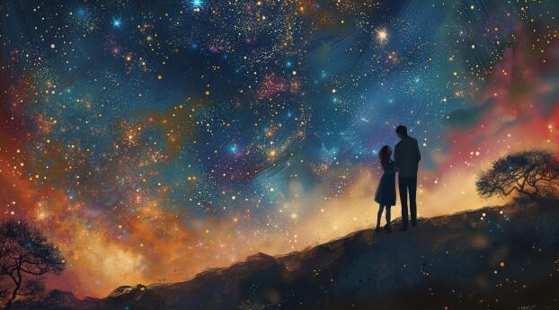 Couple Portrait in Romantic Night Sky Wallpaper 1440x3120 Resolution