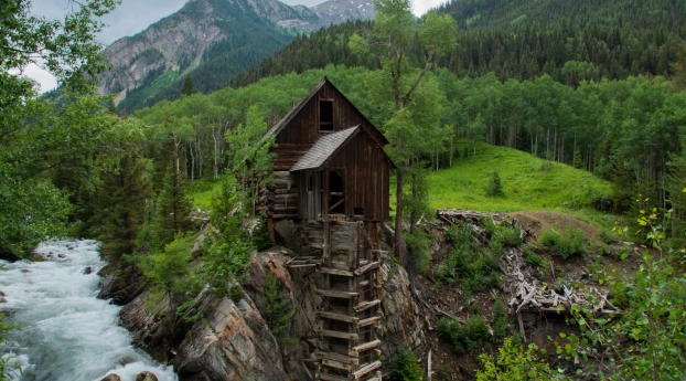 crystal mill, trees, mountains Wallpaper 2160x3840 Resolution