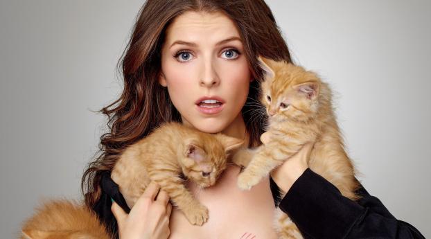 Cute Anna Kendrick Playing With Kittens Wallpaper