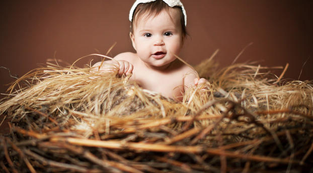Cute Baby Child Is Sitting On Haystack Wallpaper 1920x1080 Resolution