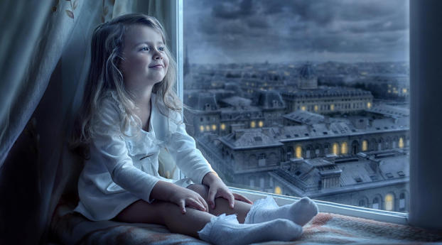 Cute Little Girl Is Sitting Near Window Watching Outside Wallpaper 2160x3840 Resolution