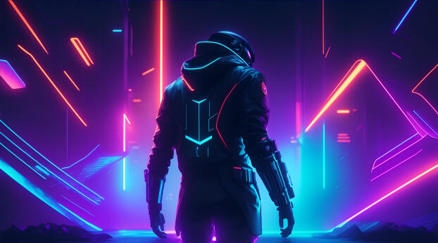 Cybernetic Silhouette HD Neon Cyberpunk Wallpaper 1235x338 Resolution