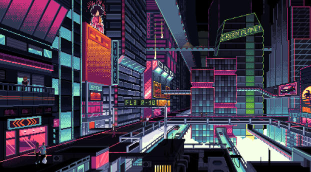 Cyberpunk City Pixel Art Wallpaper 1080x2256 Resolution
