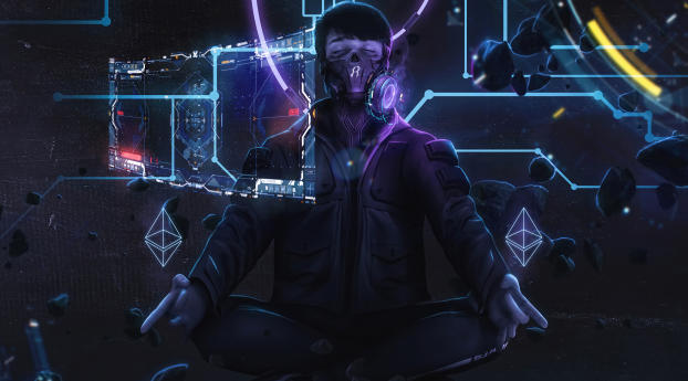 Cyberpunk Gas Mask Man Meditating Wallpaper 3840x1080 Resolution