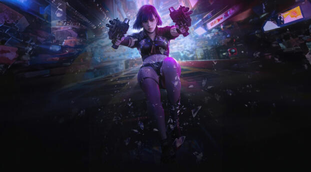 Cyberpunk Girl Leaping Out Firing Guns In The Night Wallpaper 1280x1280 Resolution