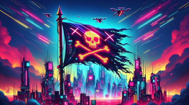 Cyberpunk Pirate Flag Wallpaper 3840x1644 Resolution