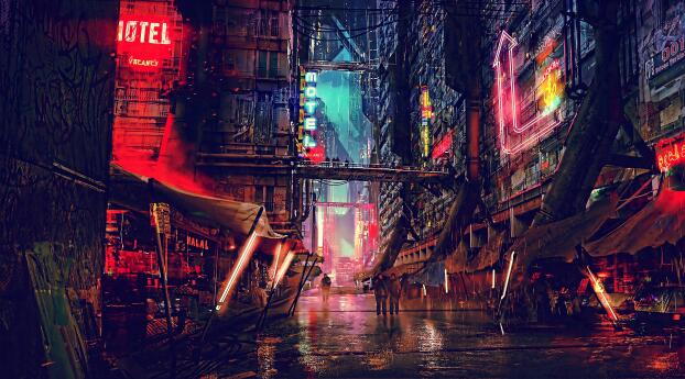 Cyberpunk The Rainy Street Wallpaper 1600x256 Resolution