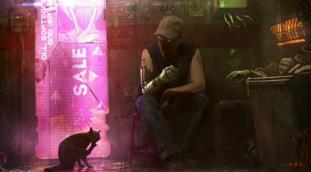 Cyborg Man with Cat Wallpaper 1080x1920 Resolution