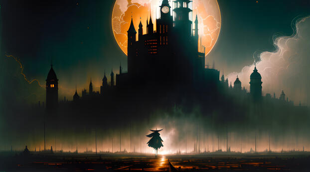 Dark Moon over Castle Wallpaper 1400x750 Resolution
