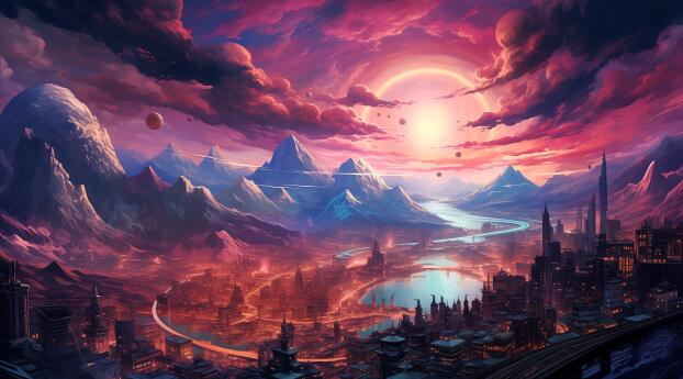 Dawn of the Cosmic City Cool Art Wallpaper 1080x2220 Resolution
