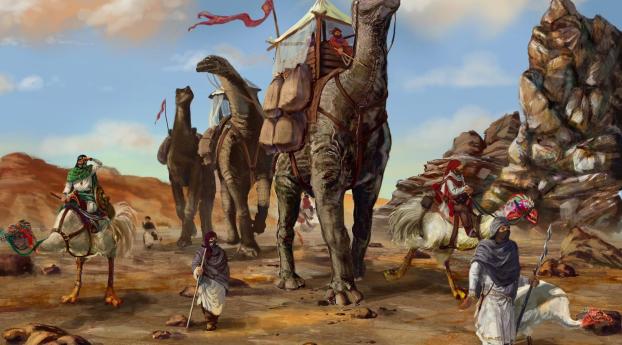 desert, caravan, dinosaurs Wallpaper 1280x800 Resolution