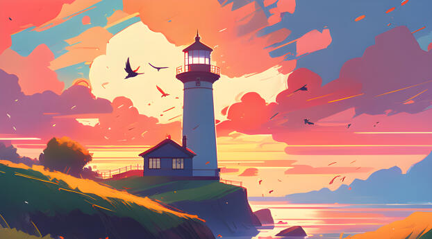 Digital Lighthouse 4K Sunset View Wallpaper 1440x3160 Resolution