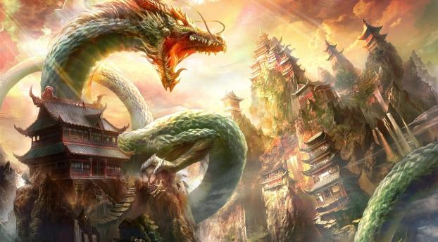 dragon, mouth, house Wallpaper 1366x768 Resolution