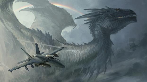 dragon, plane, rainbow Wallpaper 320x240 Resolution