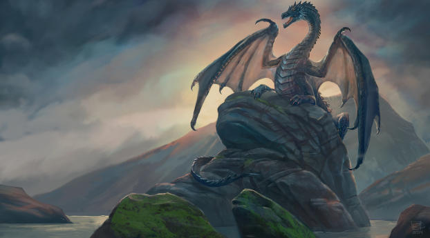 dragon, rock, art Wallpaper