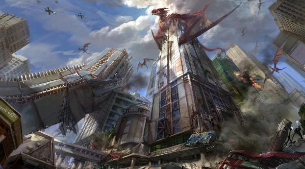 dragons, city, skyscrapers Wallpaper 2560x1024 Resolution