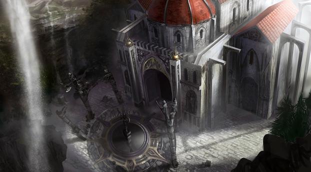 dungeon siege, cathedral, waterfall Wallpaper 540x960 Resolution