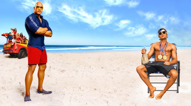 Dwayne 'The Rock' Johnson And Zac Efron In Baywatch Movie Wallpaper 1366x768 Resolution