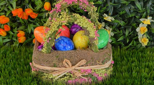 easter eggs, basket, easter Wallpaper 3840x1080 Resolution