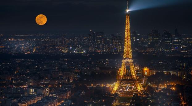Eiffel Tower Cityscape In Moon Night Wallpaper 1280x2120 Resolution
