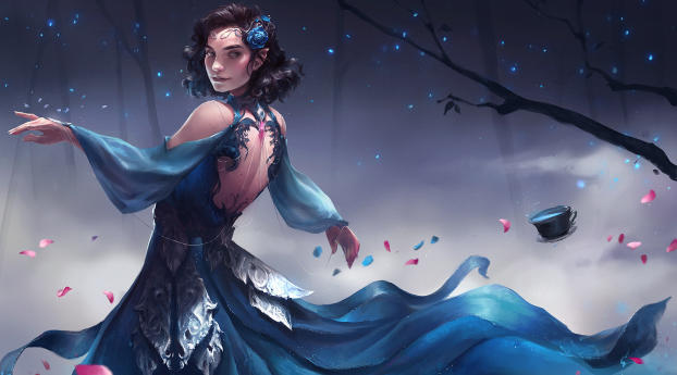 Elf Fantasy Girl In Blue Dress Wallpaper