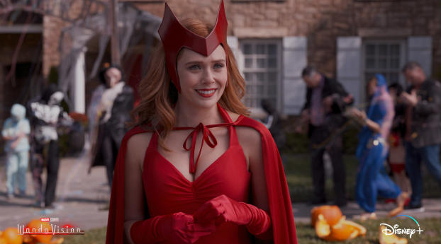 Elizabeth Olsen Red Dress Halloween in WandaVision Wallpaper 1080x2280 Resolution