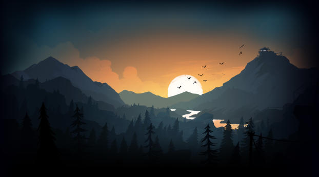 Evening Sunset Mountains Firewatch Drawing Wallpaper 1440x2560 Resolution